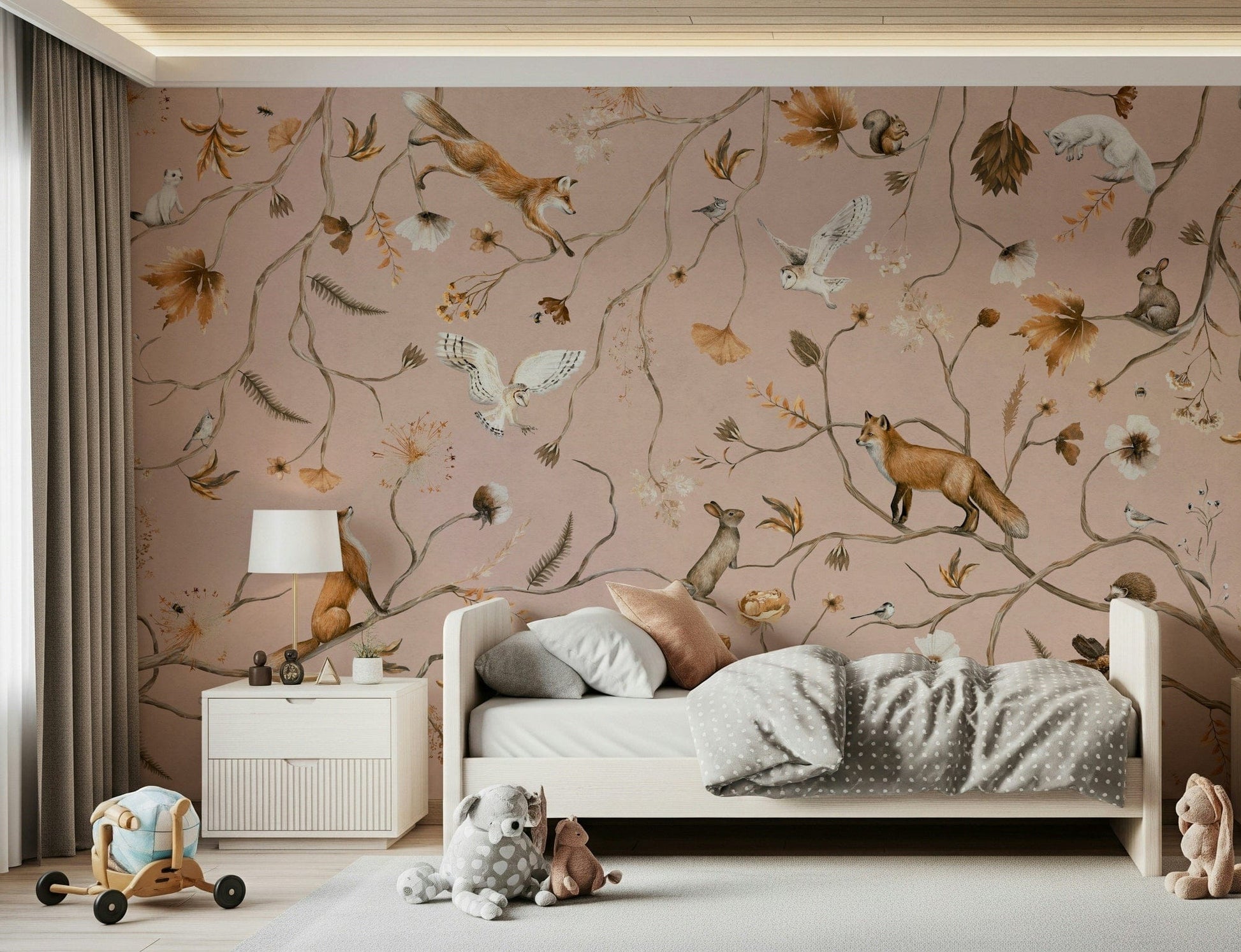 Detailed mural of forest creatures in a charming fable-like environment