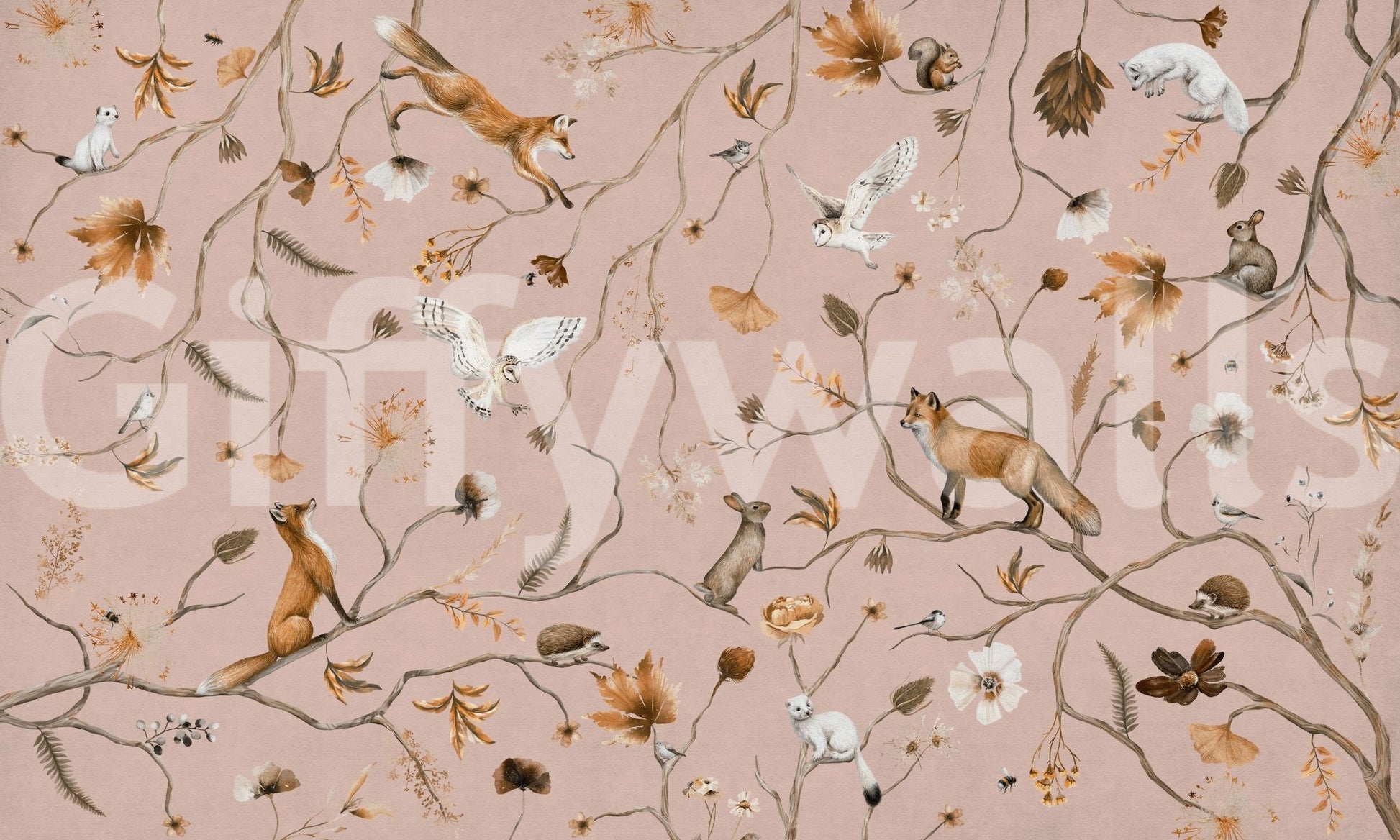 Forest Friends Fable wall mural shown as a full-wall dusty-pink scene of orange foxes, white owls and rabbits on branches