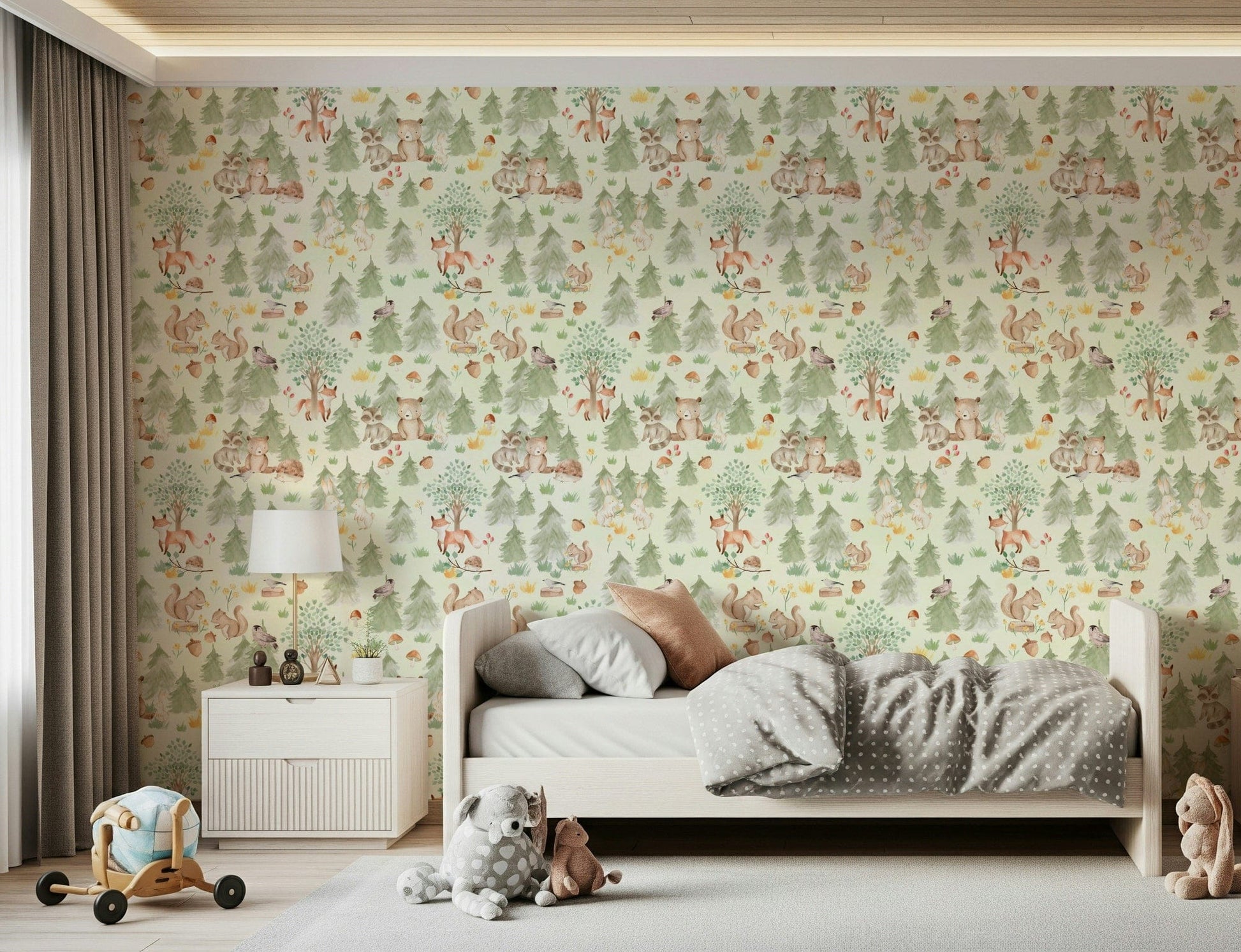 Sweet peel and stick design with squirrels, foxes, and raccoons.