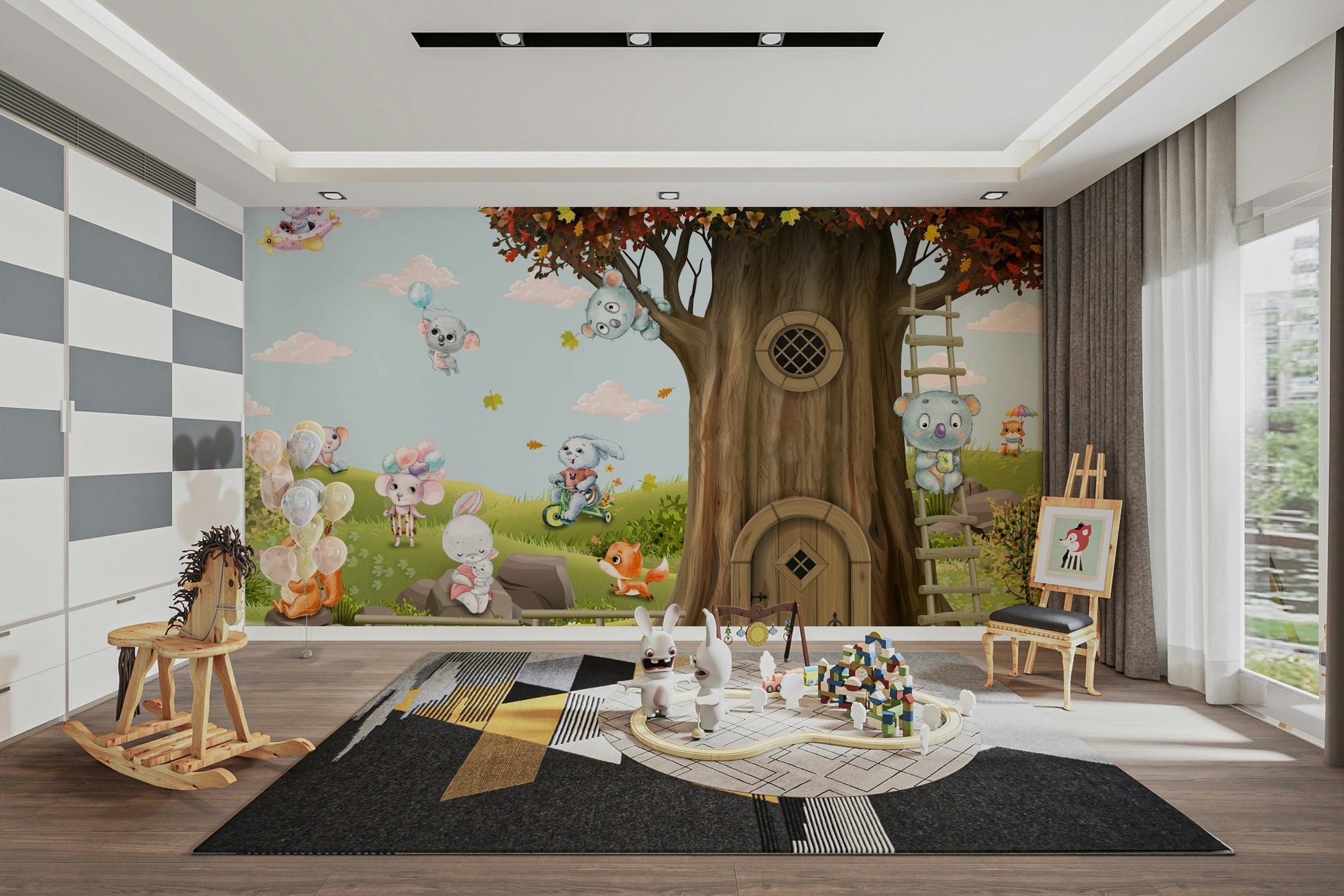 The design features a group of friendly forest animals in a lush, green scene.

