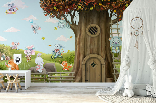 A cheerful wall mural with a whimsical, woodland animal design.

