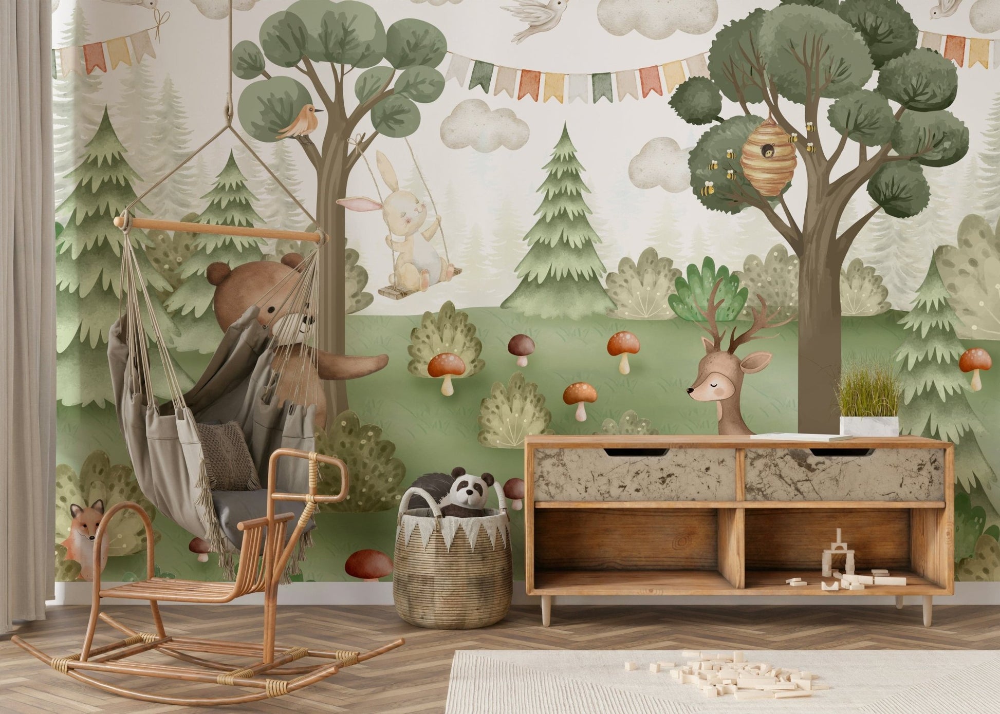 Watercolor forest animals on a light woodland background.