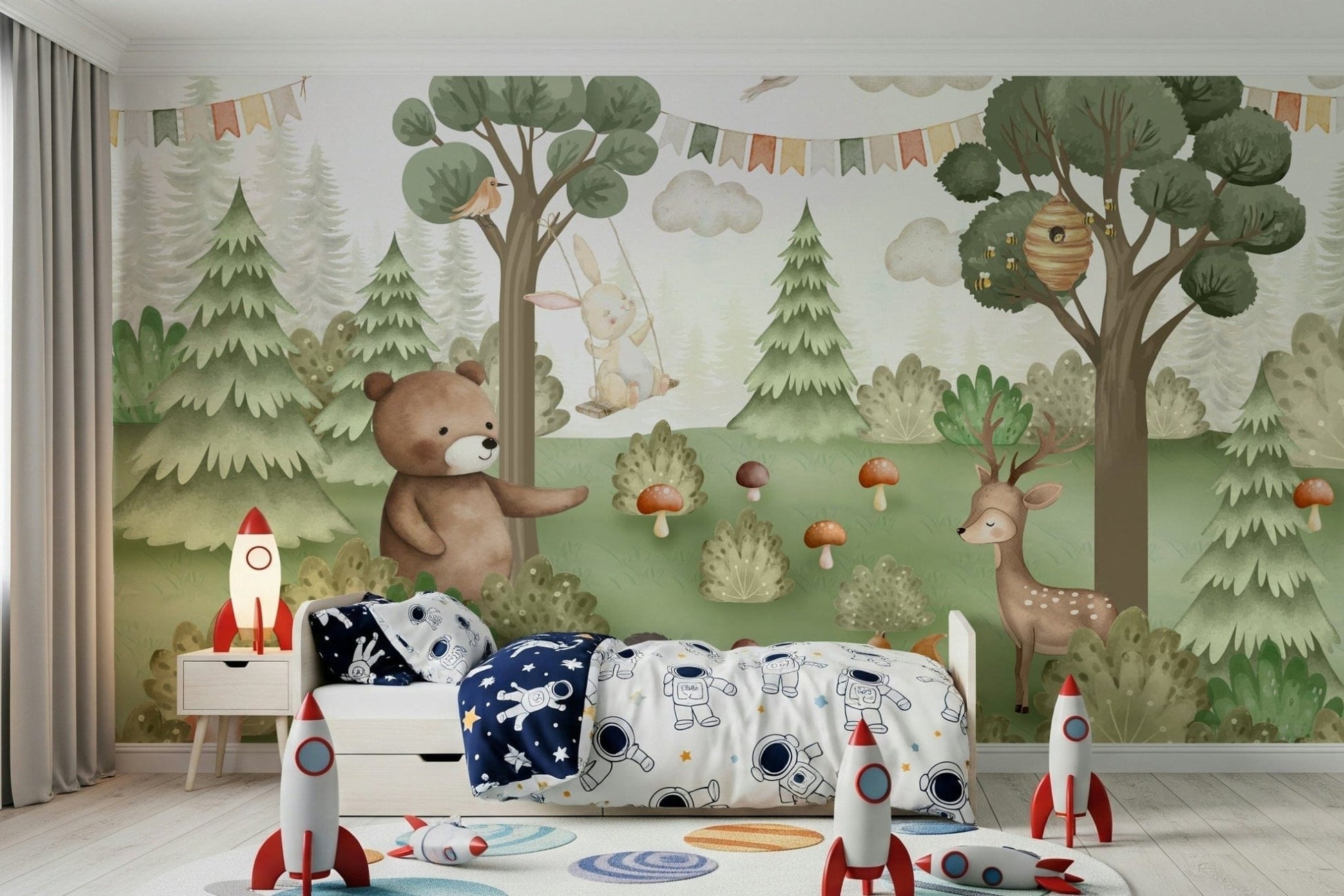 Neutral color palette for a sophisticated nursery wall.