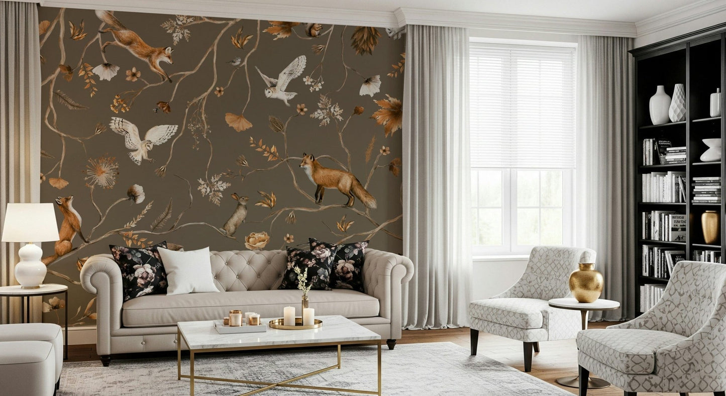 Artistic mural blending cute forest animals with a tranquil woodland setting