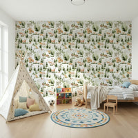 Forest Friends wallpaper with watercolor animals, moose, and wild boar.