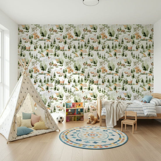 Forest Friends wallpaper with watercolor animals, moose, and wild boar.