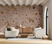 Storybook-style wall mural showing woodland animals interacting in a forest