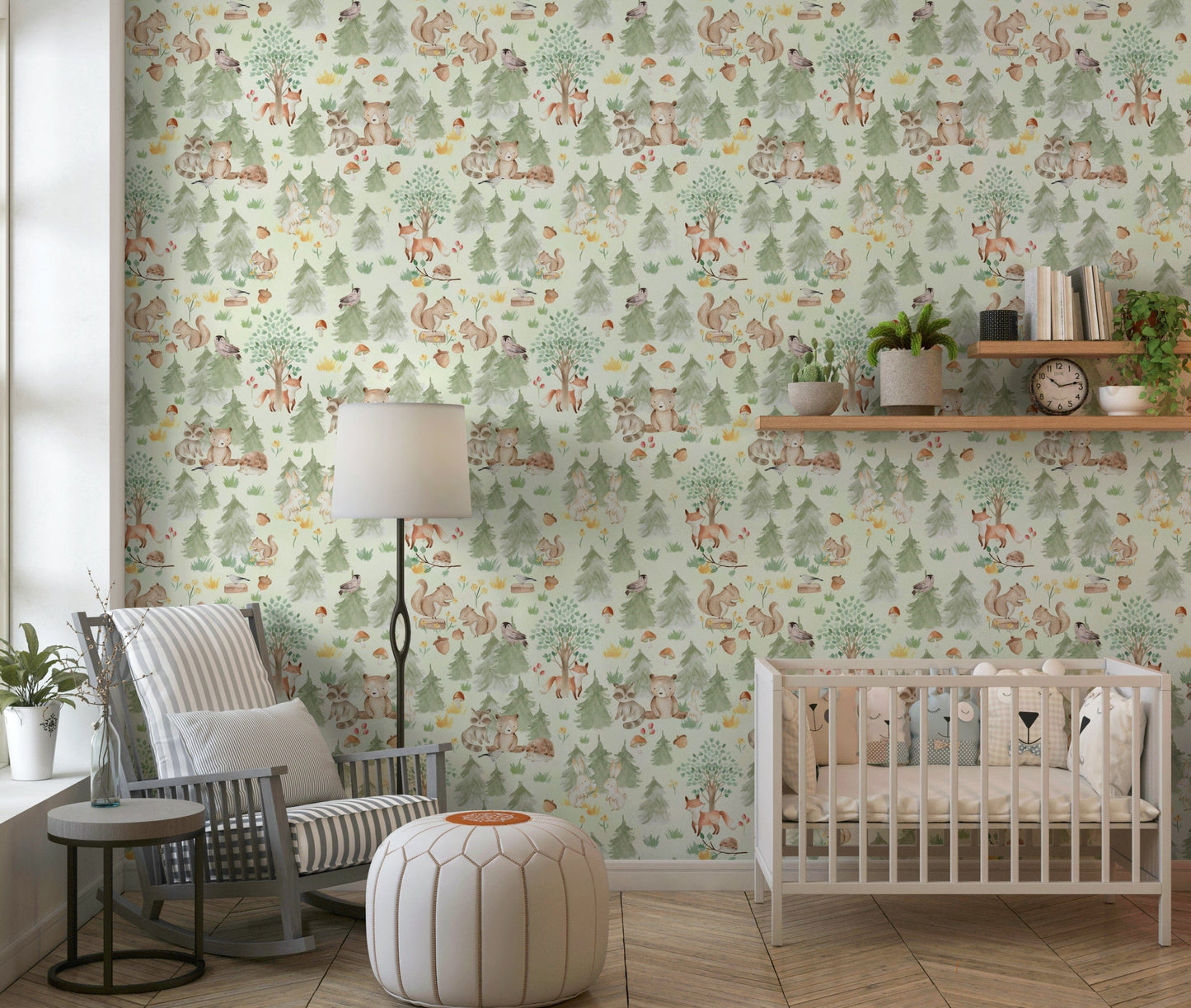Enchanting wallpaper pattern, baby forest animals outdoors.