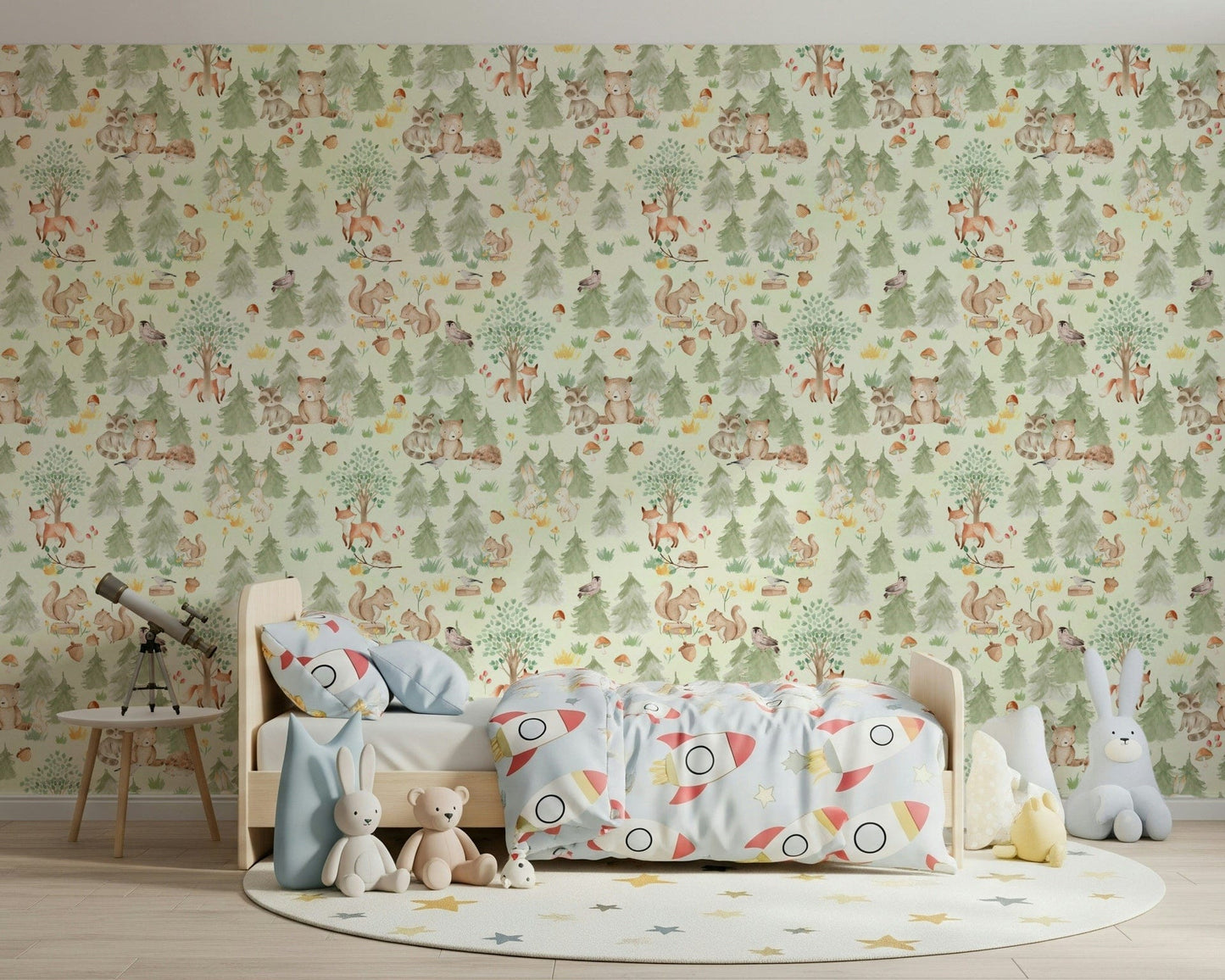 Watercolor mural of forest friends: bear, bunny, hedgehog.