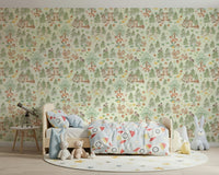 Watercolor mural of forest friends: bear, bunny, hedgehog.