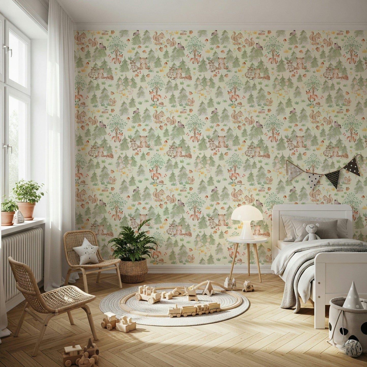 Charming wall mural featuring woodland animals and pine trees.