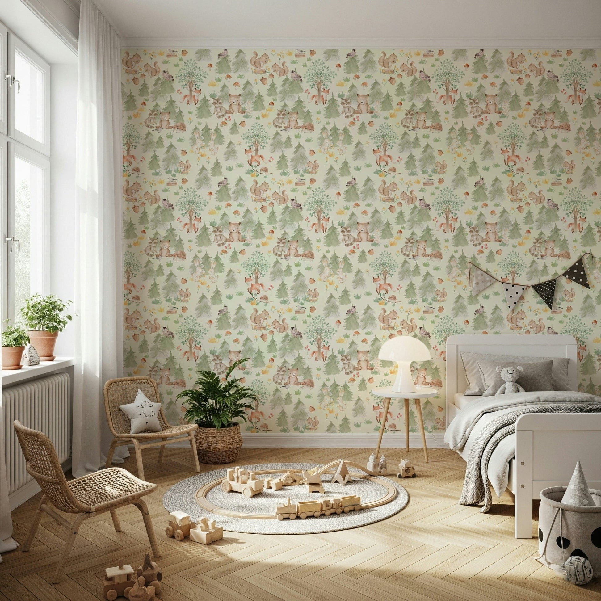 Charming wall mural featuring woodland animals and pine trees.