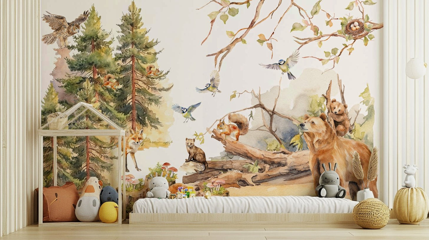 Wallpaper with a mix of soft greens, browns, and animal colors.

