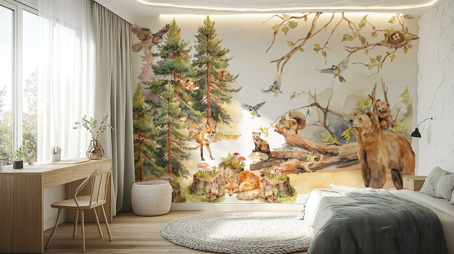 Wall mural showing a forest scene with watercolor animals.

