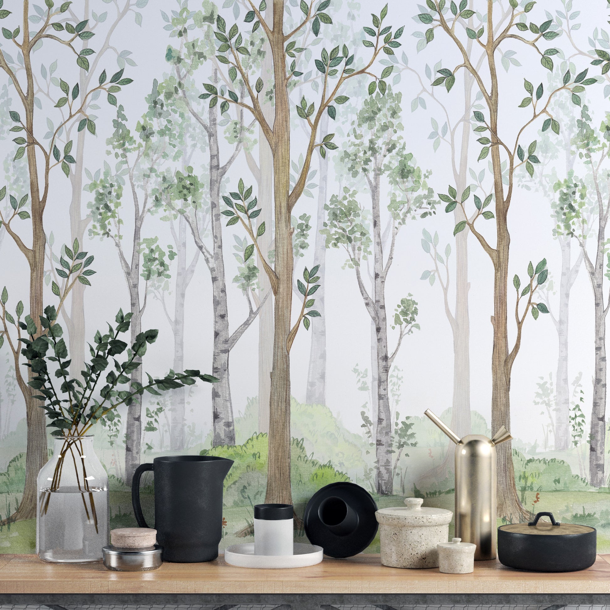 Forest Green Watercolor wallpaper mural close-up showing the pattern detail and texture