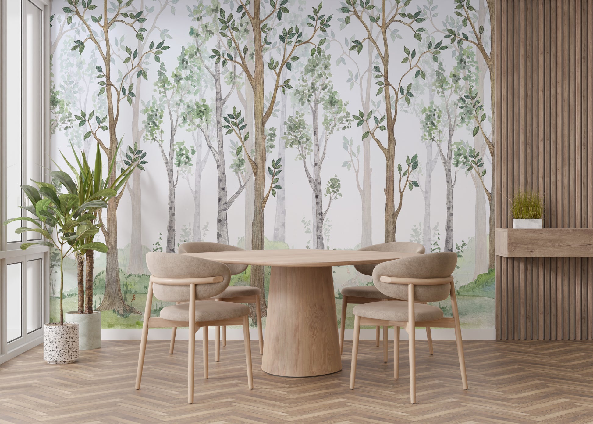 Forest Green Watercolor wallpaper mural styled along a hallway feature wall near a console in green tones