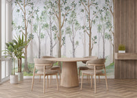 Forest Green Watercolor wallpaper mural styled along a hallway feature wall near a console in green tones