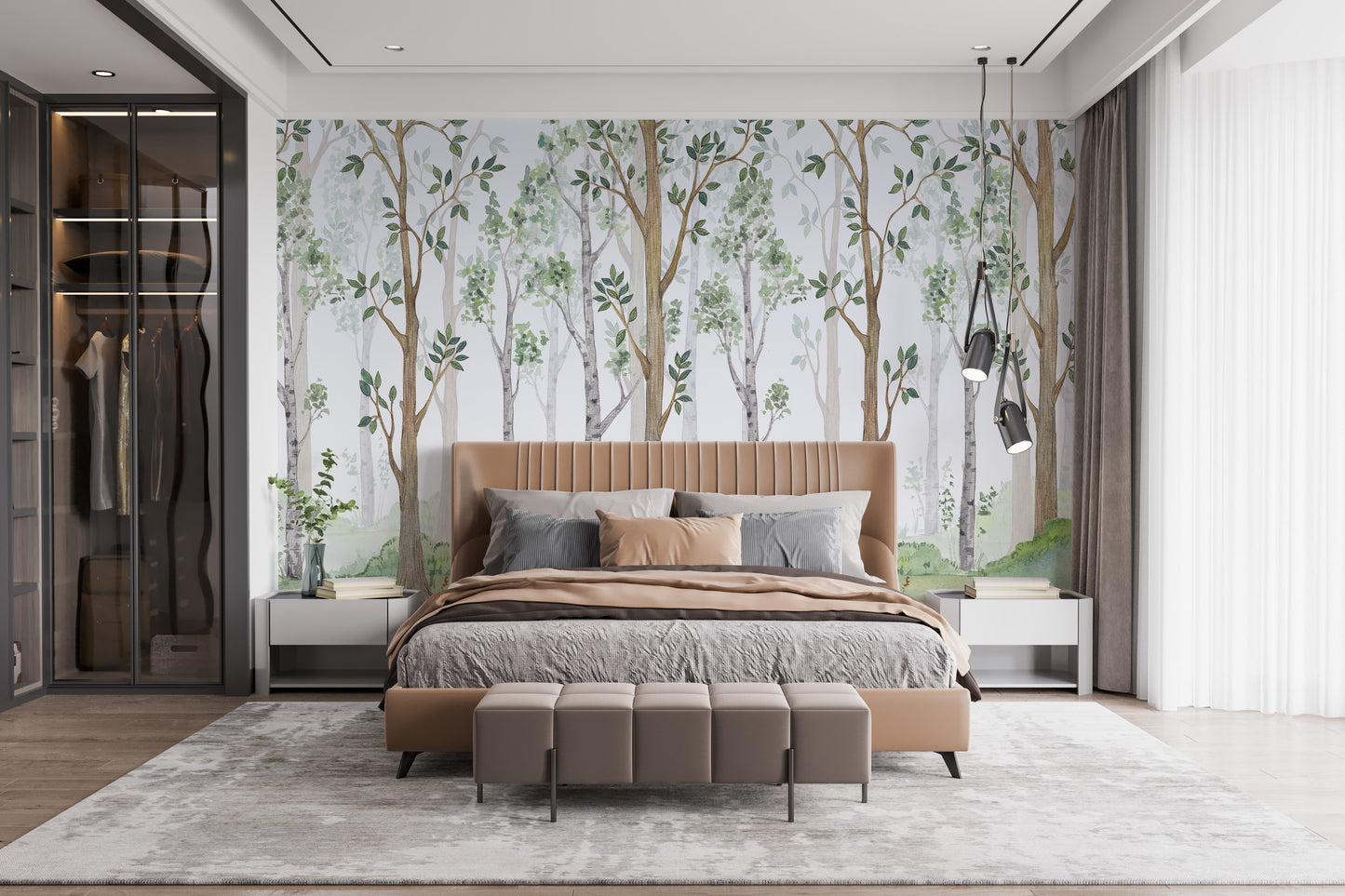 Forest Green Watercolor wallpaper mural as a feature wall in a home office workspace in green tones