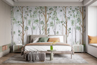 Forest Green Watercolor wallpaper mural styled as a feature wall behind a dining table and chairs in green tones