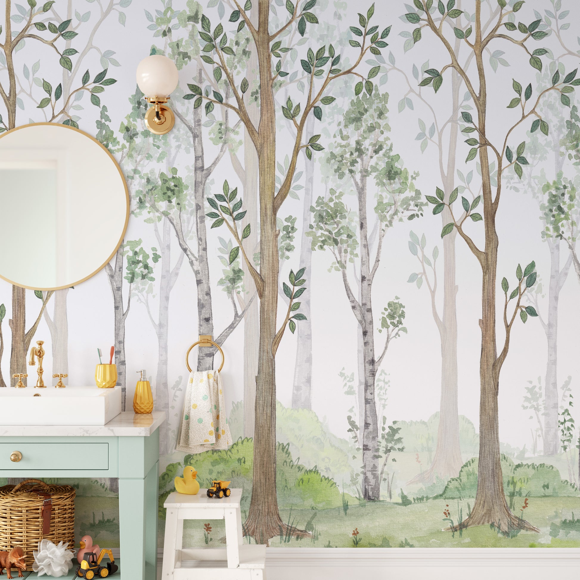 Nature-inspired forest green watercolor wallpaper for rooms