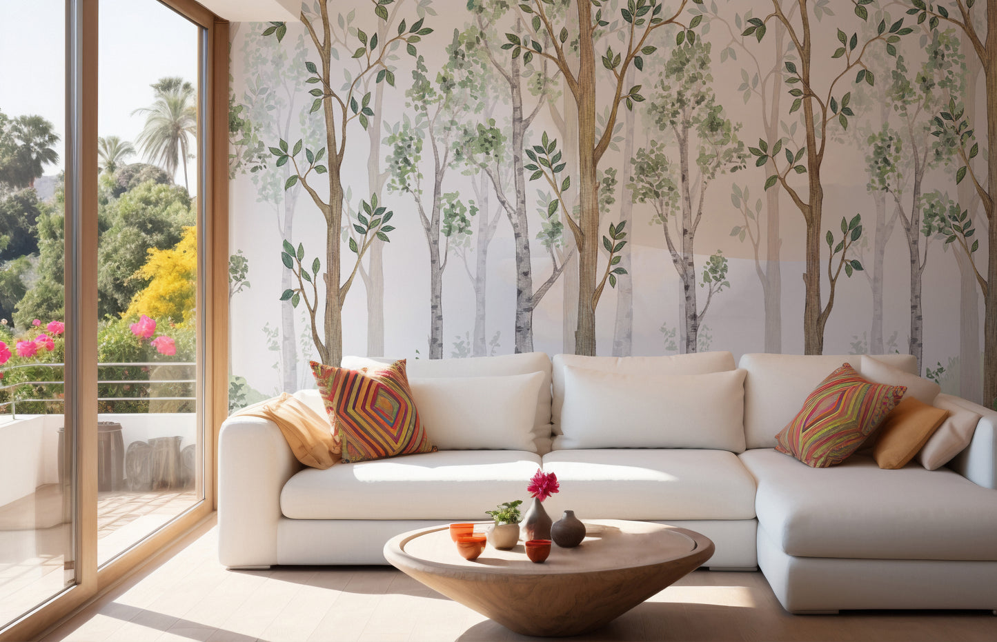 Forest Green Watercolor wallpaper mural shown as a full feature wall that highlights the design