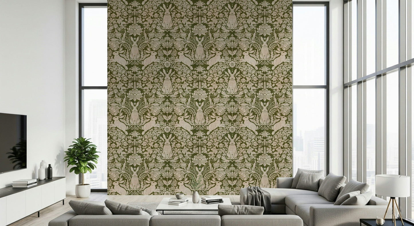 Nature-inspired tapestry wallpaper showcasing a hare in a serene forest scene.