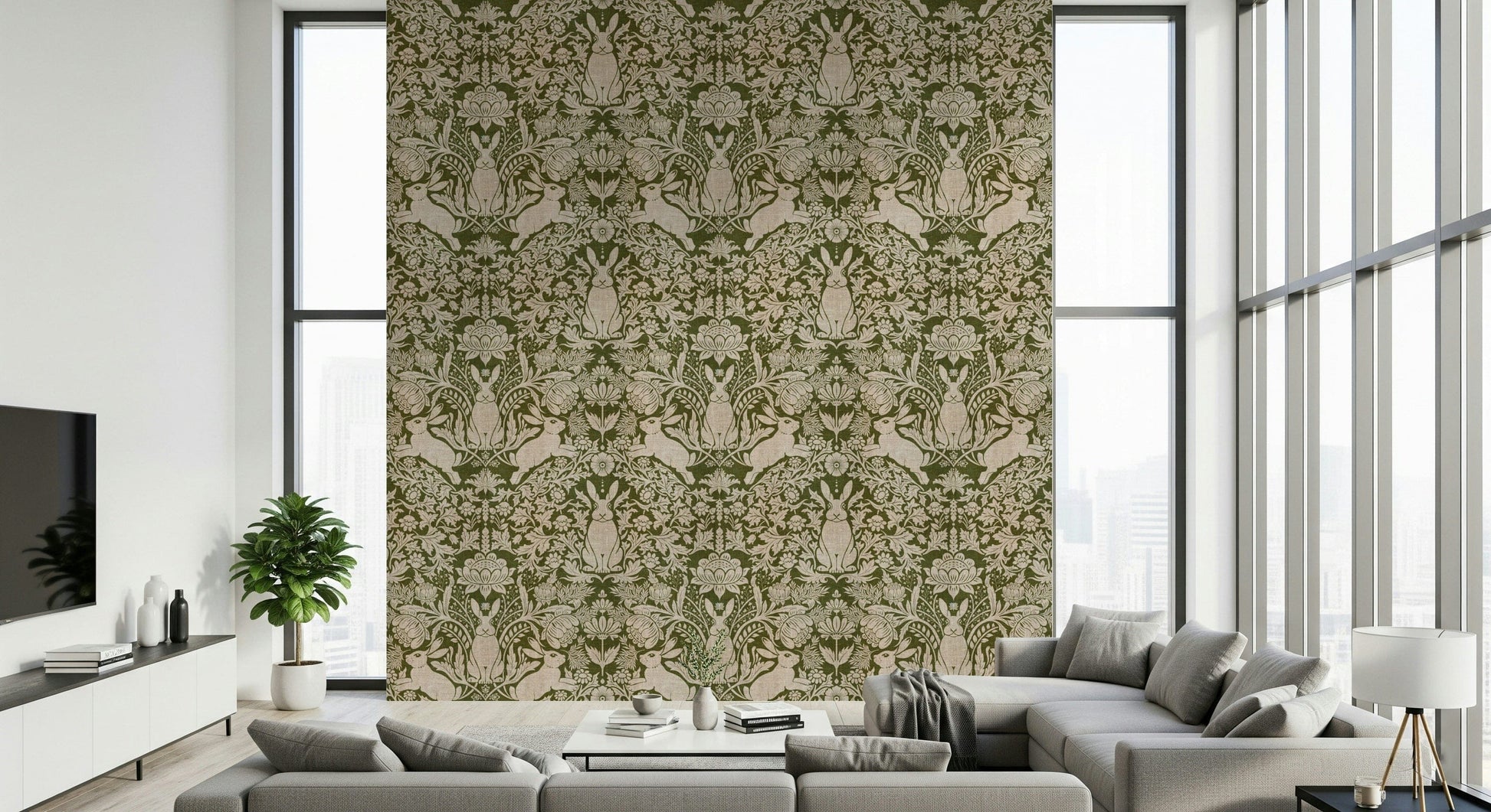 Nature-inspired tapestry wallpaper showcasing a hare in a serene forest scene.