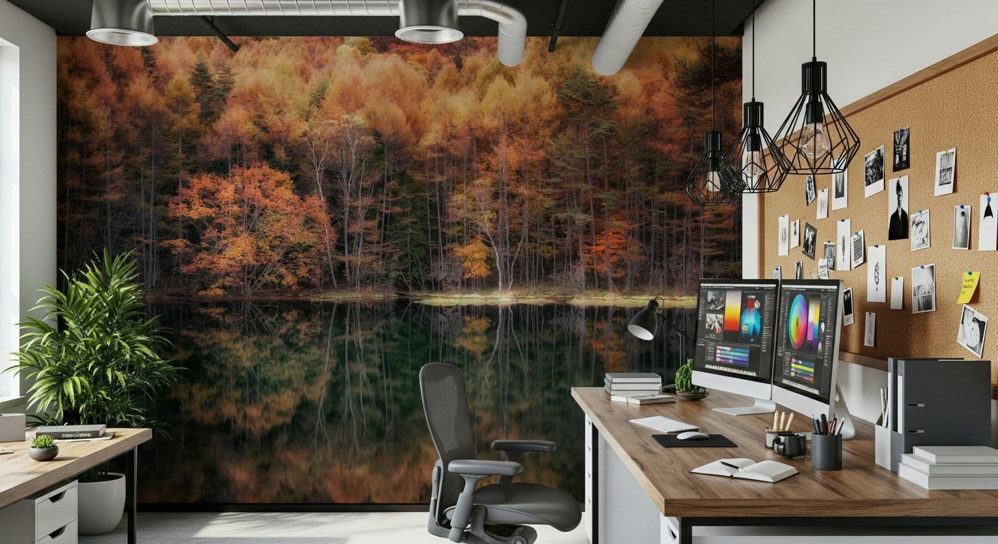 Forest Mirror wallcovering Breathtaking scenery, double exposure effect, calm wilderness.