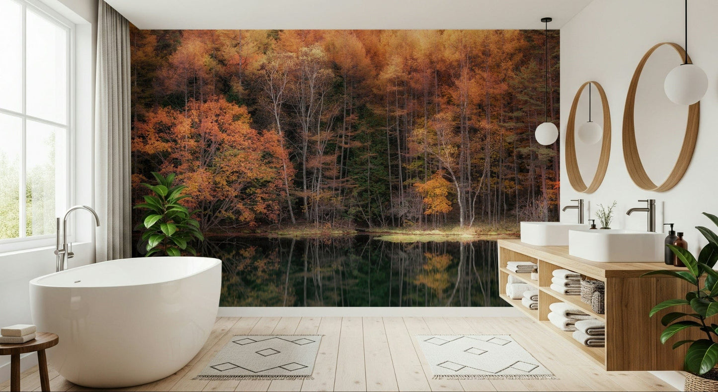 Forest Mirror wallpaper for walls Vibrant larch trees, vivid gold fall colors, calm lake.