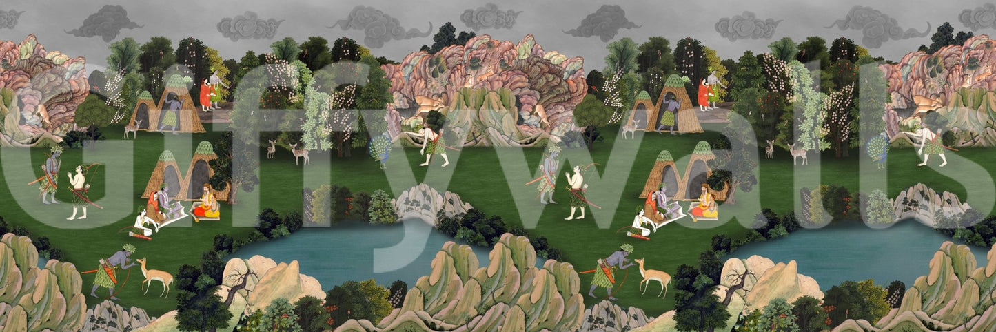 Green Wallpaper designed with classic forest scenery