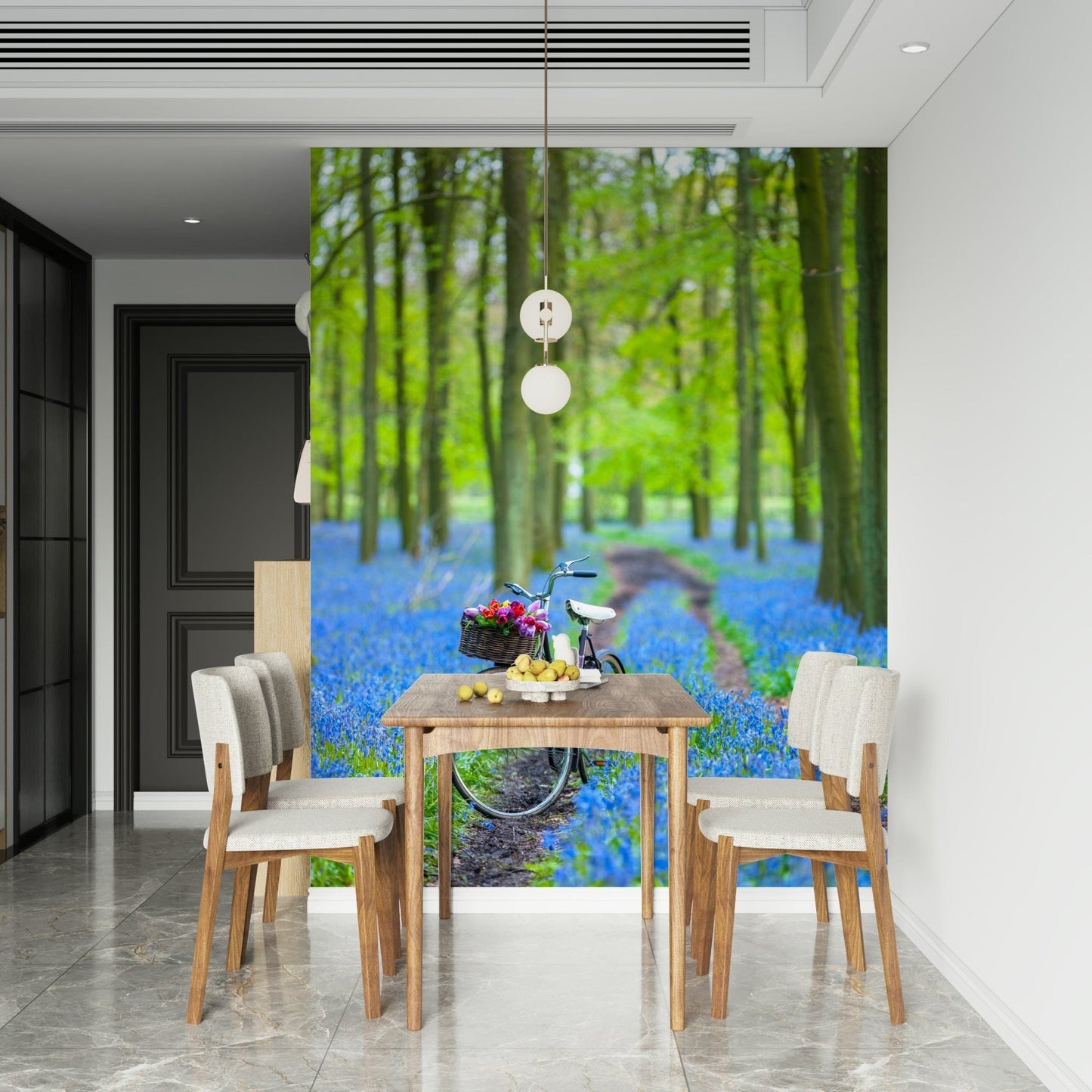 Bike basket flowers blue woodland path wall mural.