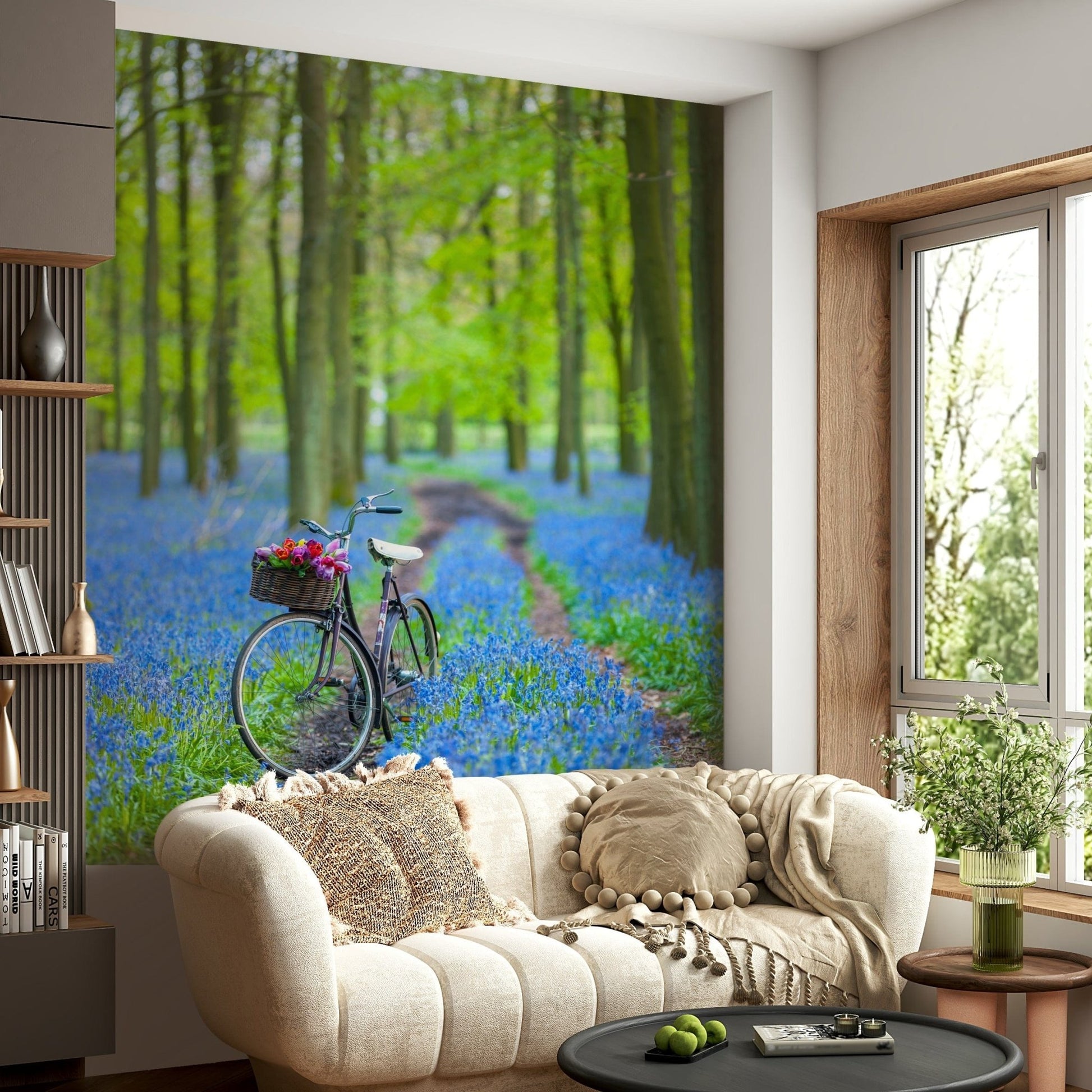 Bike parked in blue flowers Forest Path Discovery mural.