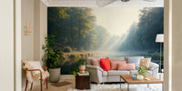 Light filtering forest river wallpaper

