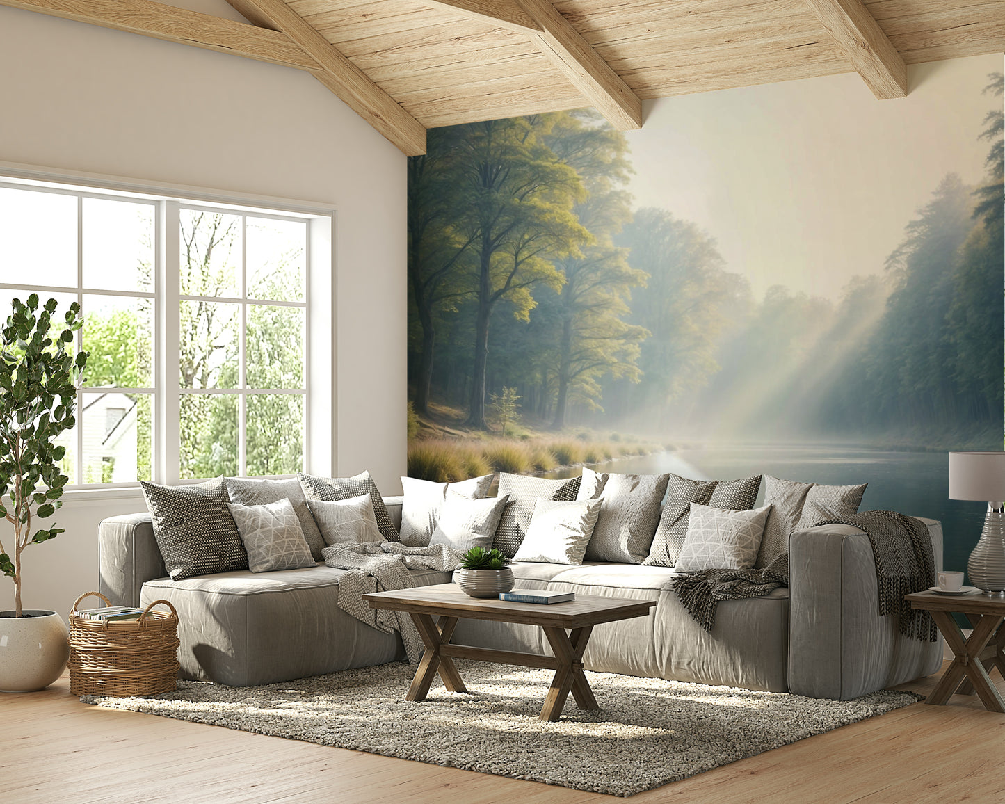 Sunbeams over water forest wall print

