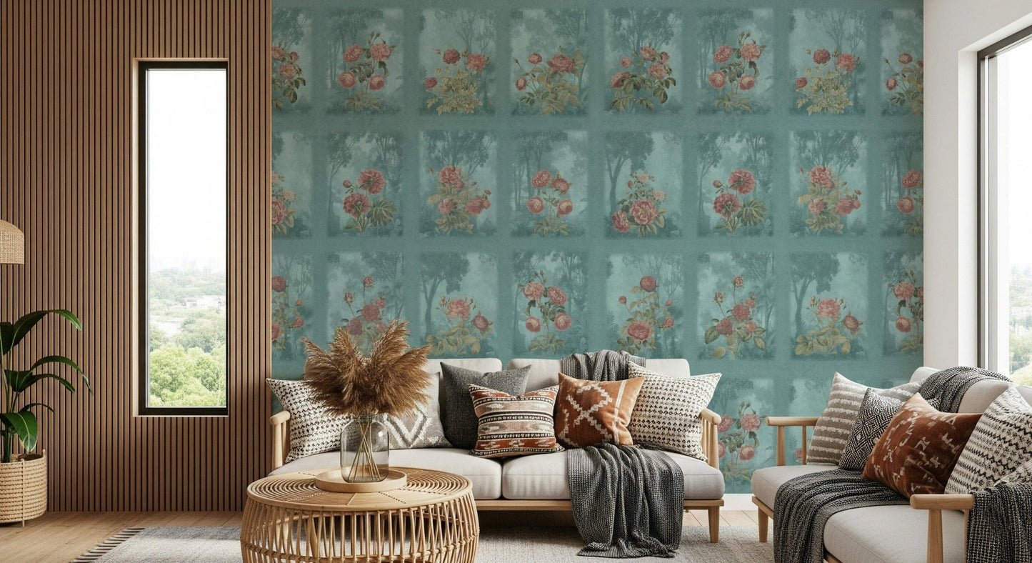 Vintage style floral mural in a sunroom with natural wood decor.