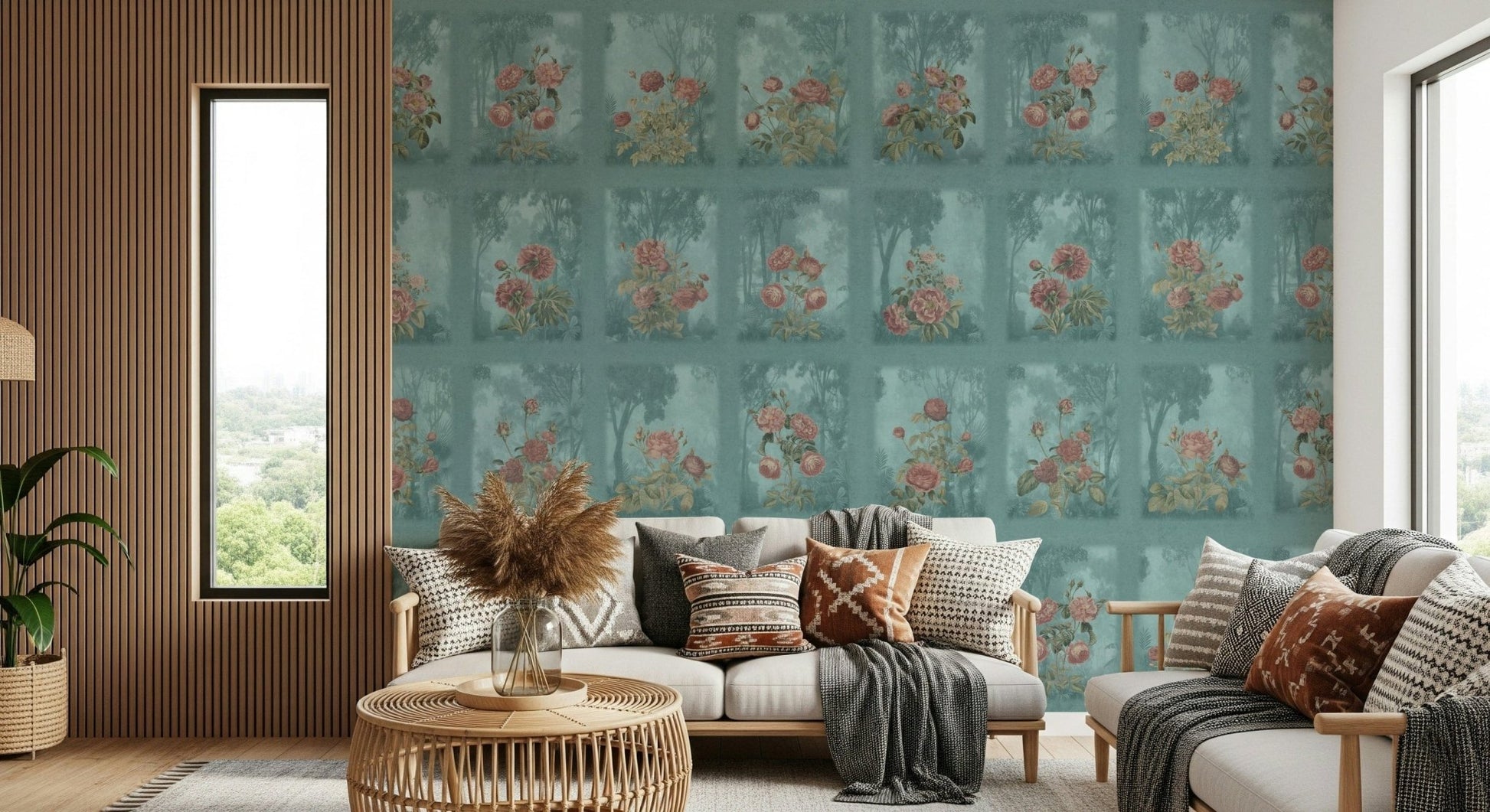 Vintage style floral mural in a sunroom with natural wood decor.