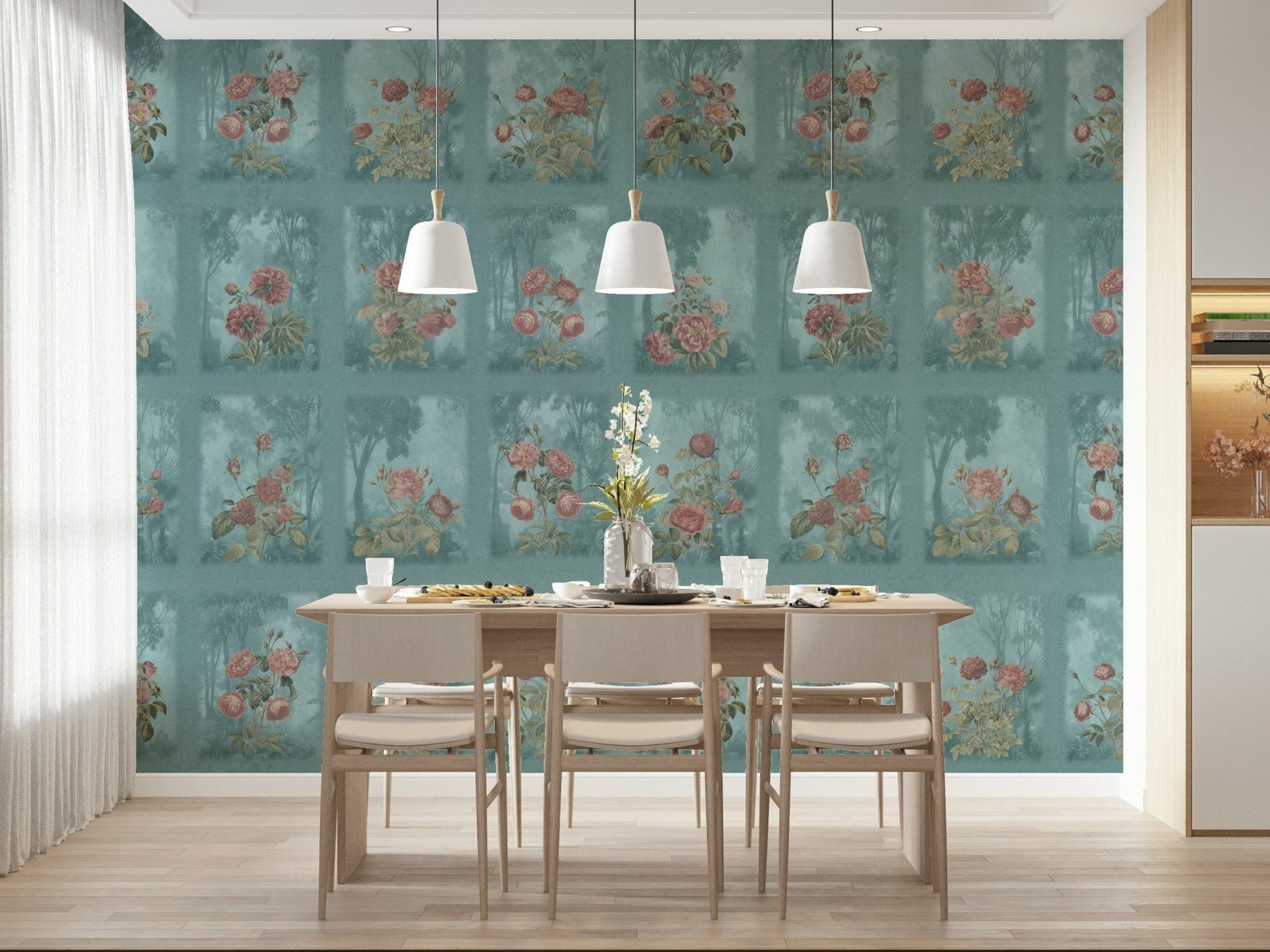 Dark floral wall mural behind a velvet sofa in an urban apartment.