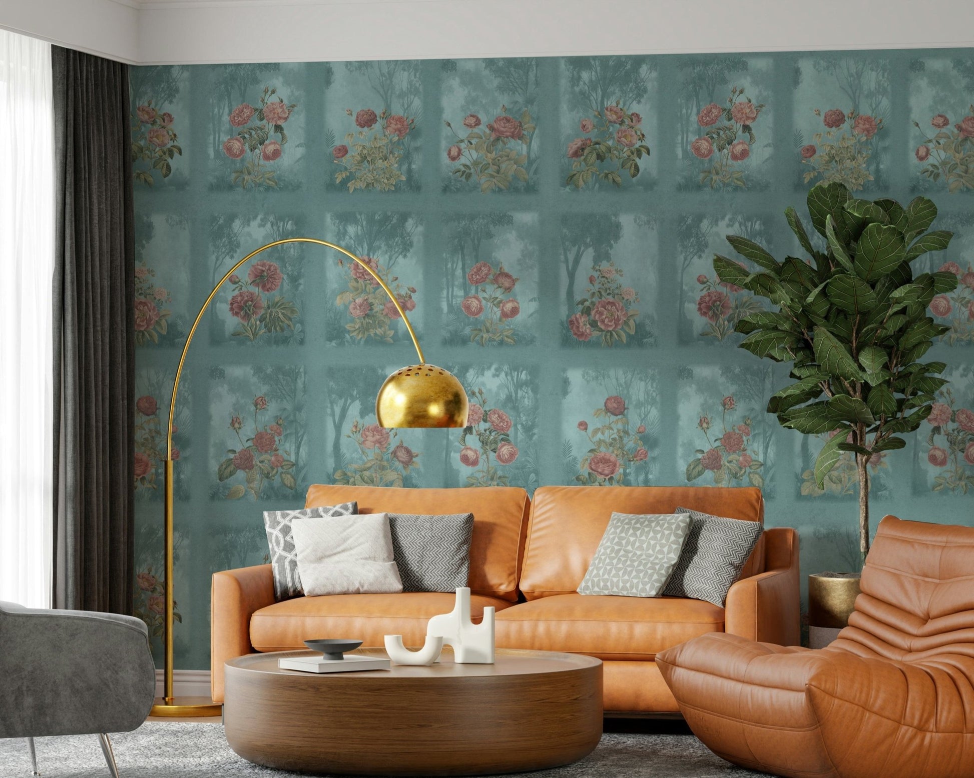 Calming misty forest wallpaper for a guest bedroom apartment.