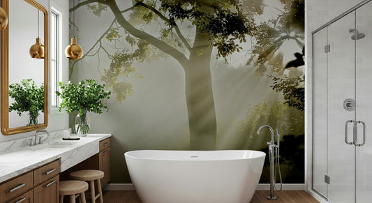 Forest Serenity wall mural Vibrant jungle scene, sunlit tree, misty woods decor.
