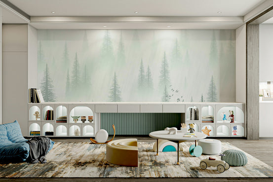 Forest serenity wallpaper of a misty sage-green pine forest behind white arched cube shelving in a kids living play area
