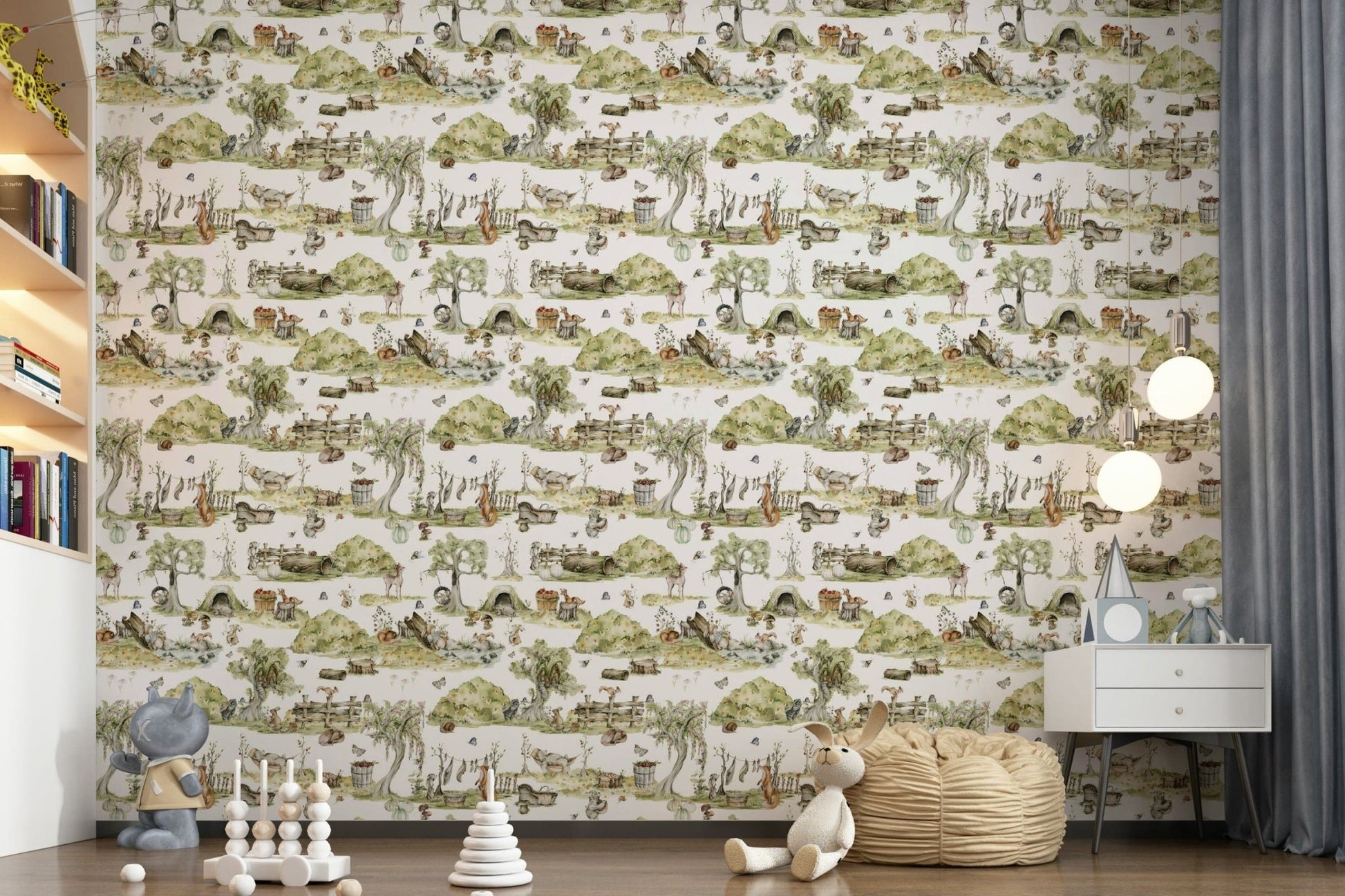 Forest Tales themed wall art, rustic wooden fence, baskets of red apples.