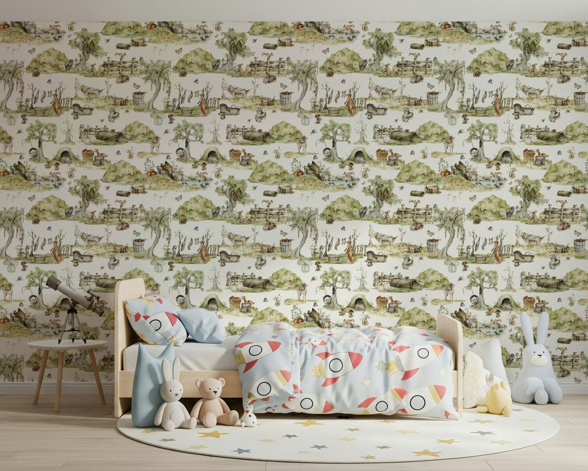Watercolor Forest Tales design, gentle fawn, bear in hammock, nursery decor.