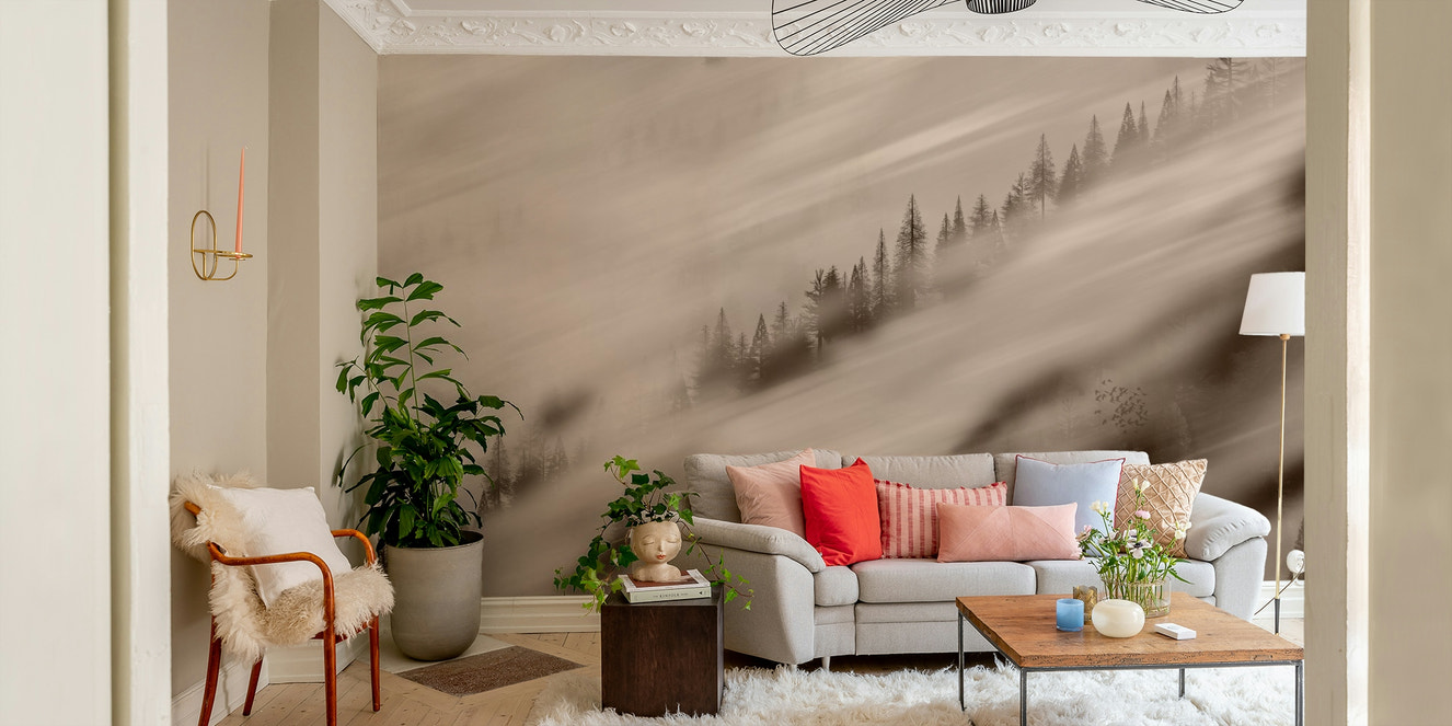 Rustic nature illustration in sepia – Forest Valley Sepia Wallpaper