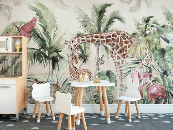 Forest Landscape Watercolor wallpaper mural shown as a full feature wall that highlights the design