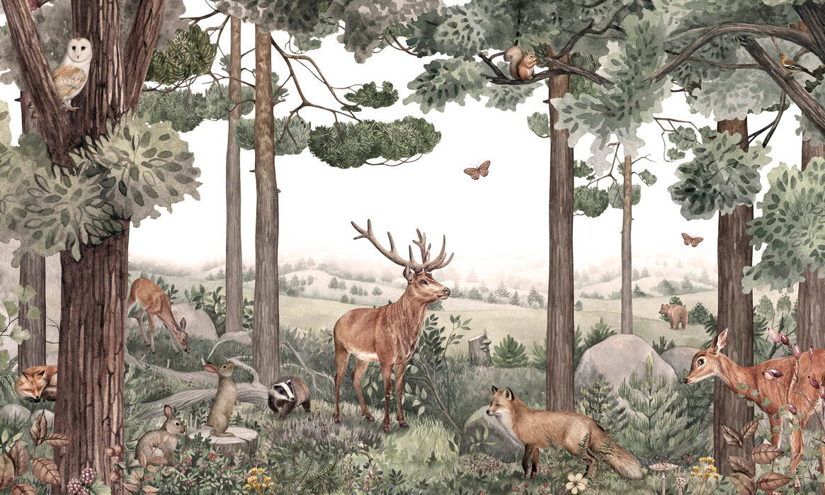 Forest Jive Stag and Deer Wallpaper Mural in your room — zoomed