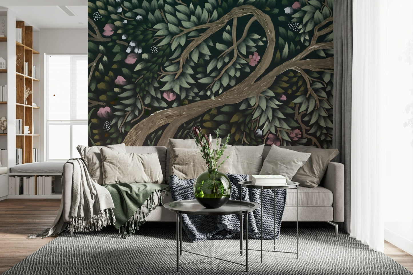 Pine forest wall mural in dining area, natural palette, modern home styling