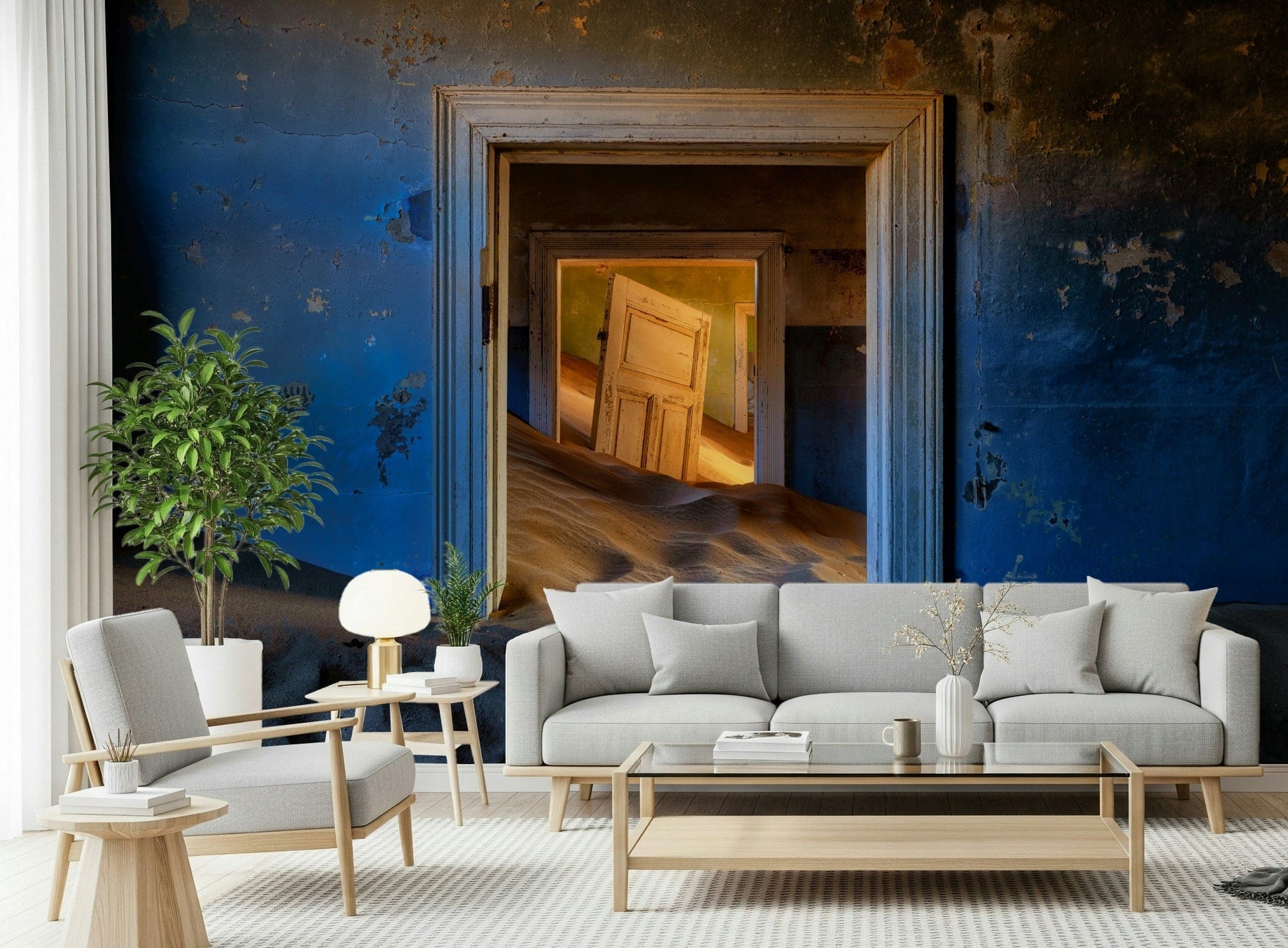 Vintage-inspired wallpaper with deserted rooms creating a mysterious, nostalgic vibe.