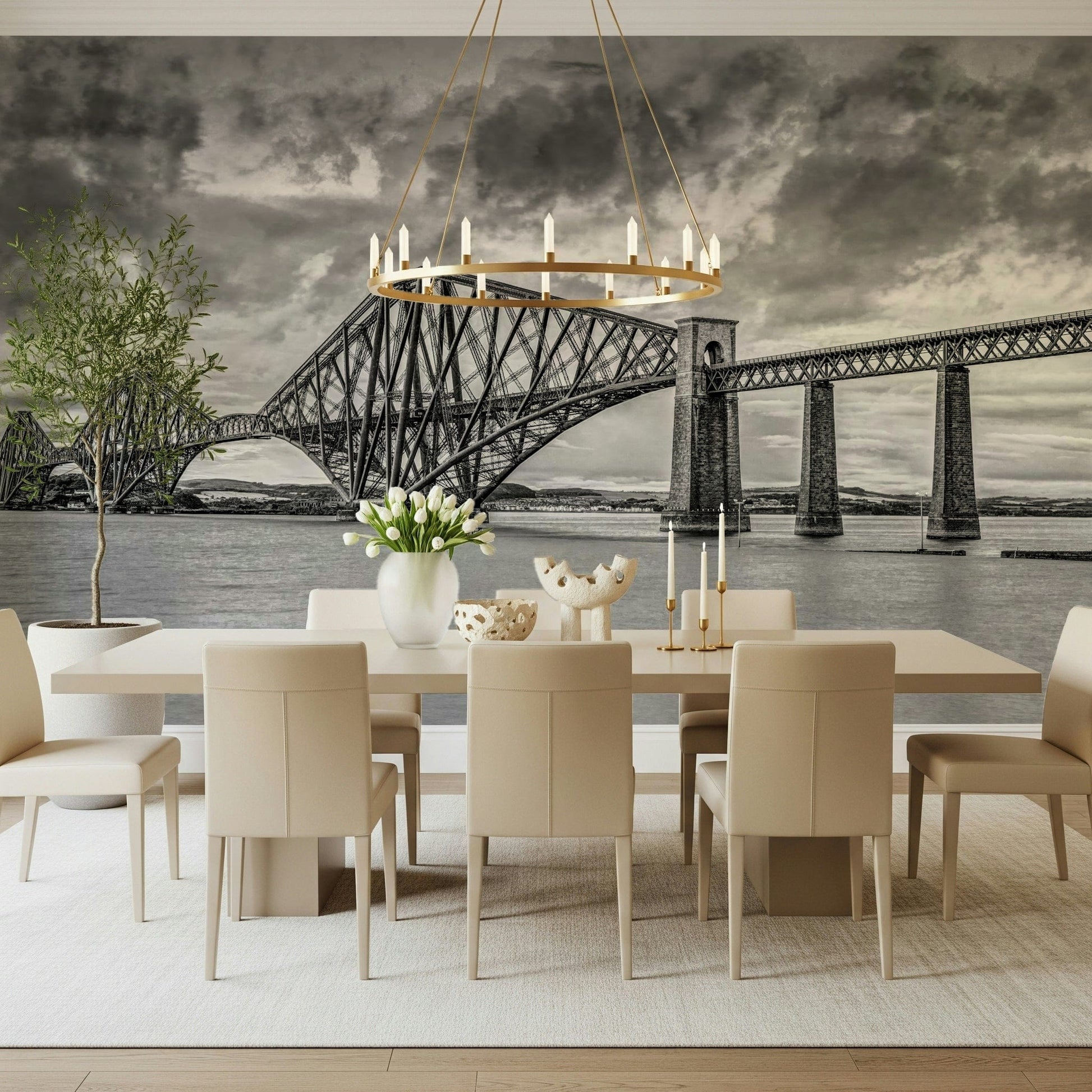 Symmetric metal construction view within striking Forth Bridge Majesty mural art