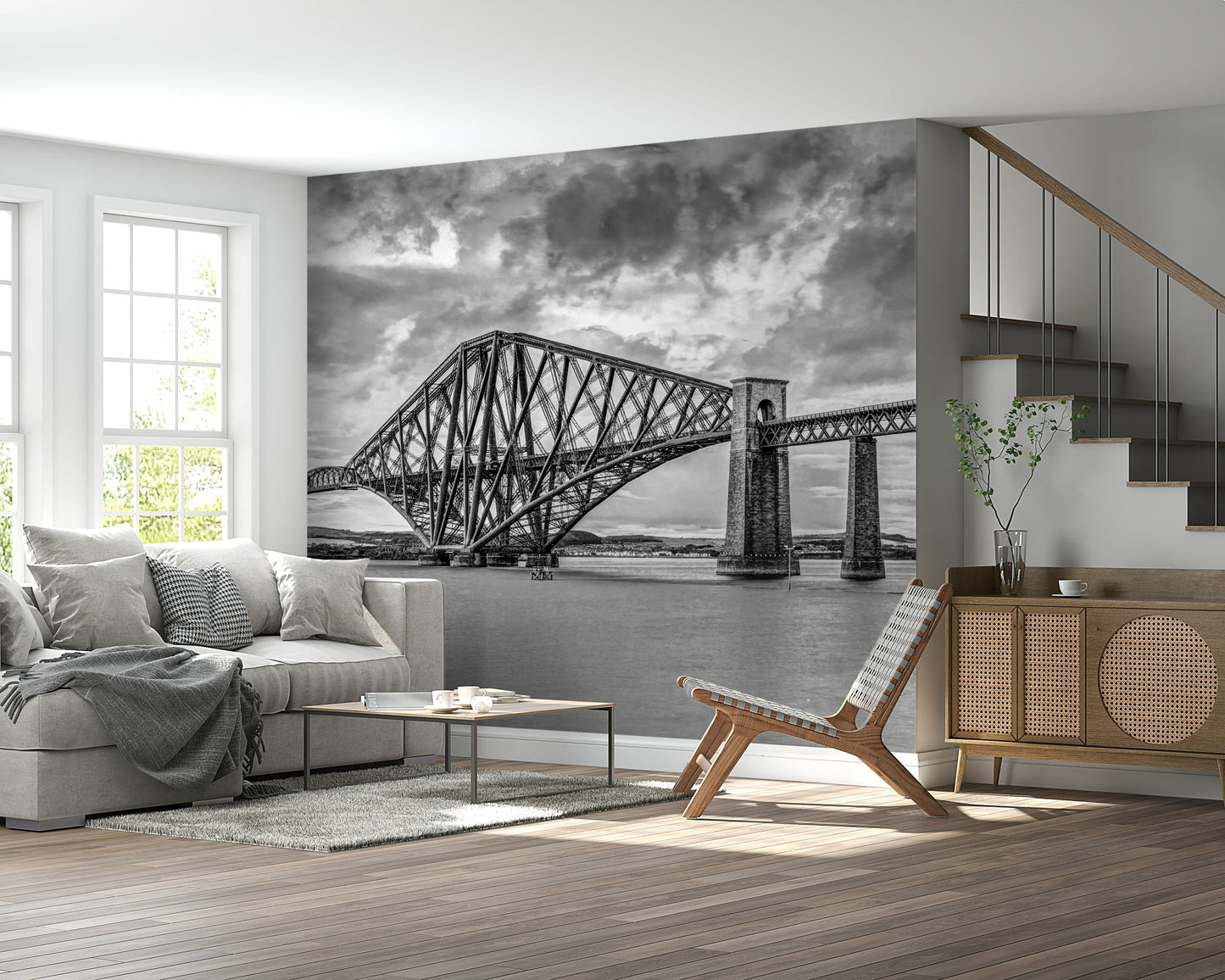Strong geometric lines defining stunning Forth Bridge Majesty mural for office spaces