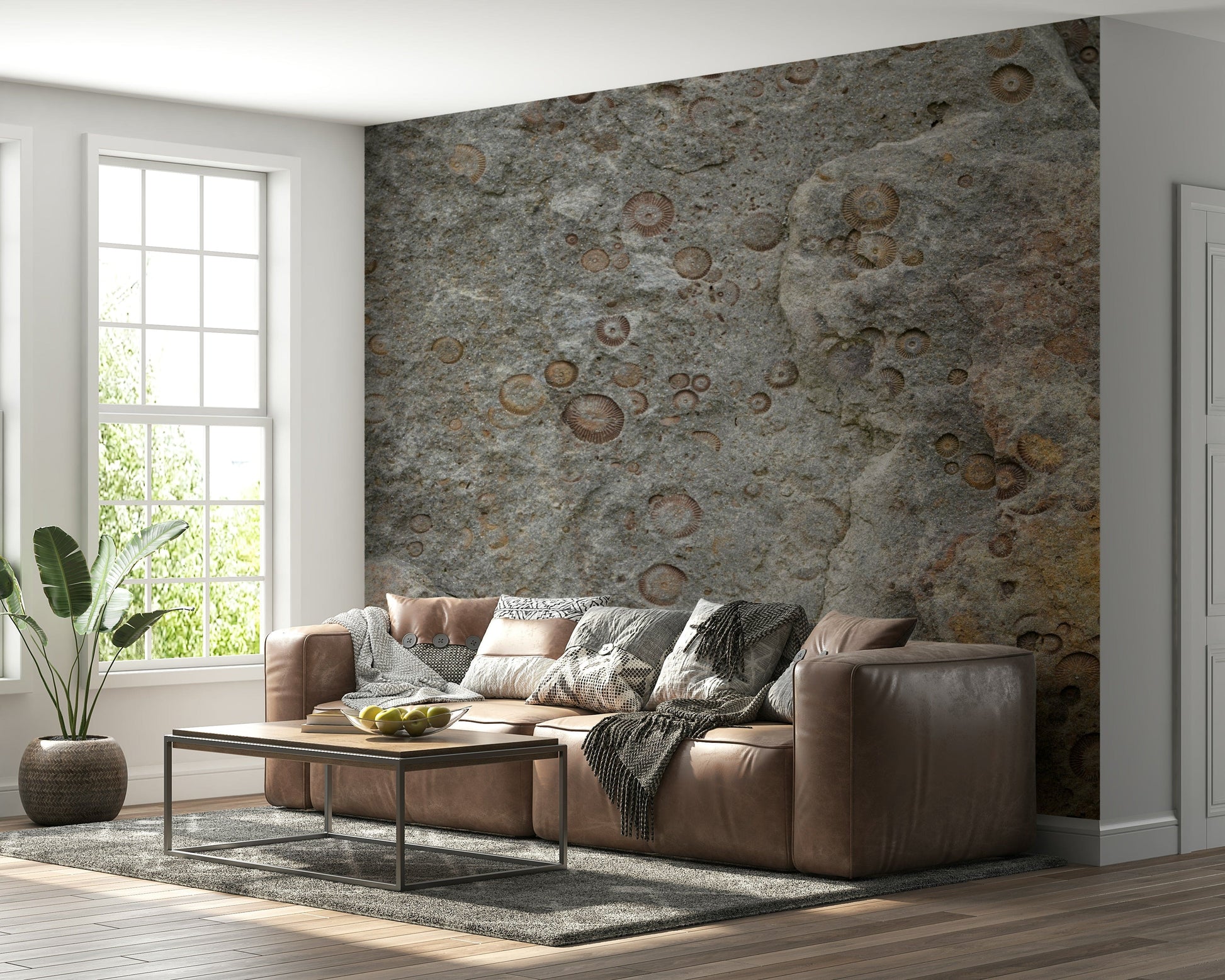 Decorative mural featuring fossilized stone textures in earthy gray and beige tones.